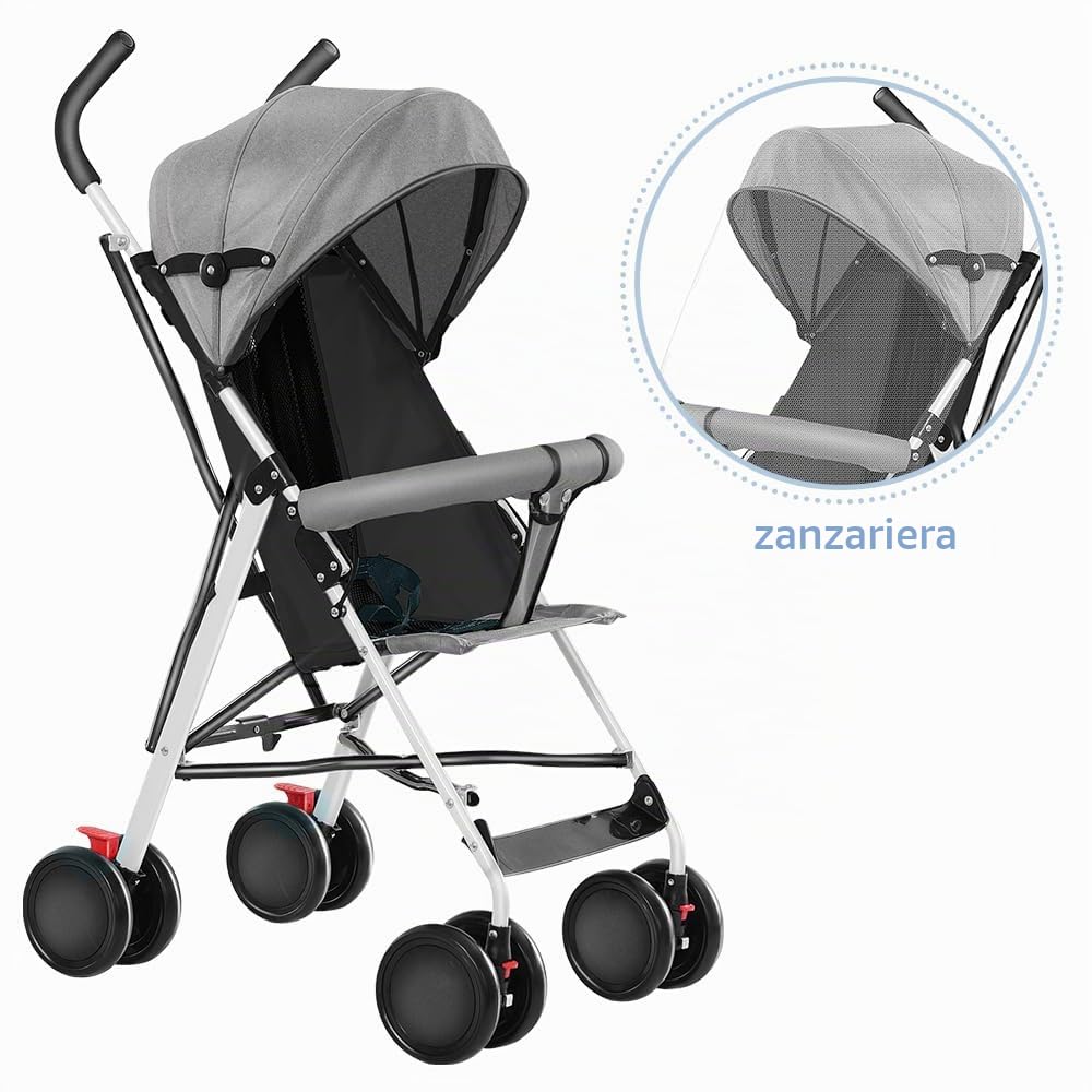 Passeggino leggero fino a 30 kg, grande cesto, sistema di piegatura rapida,Sedile spazioso, doppio freno e ruote anteriori girevoli (grigio)