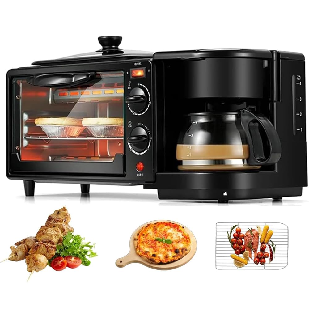 Multifunktions-Frühstückszubereiter 3-in-1, Elektrisch – Bratpfanne, Mini-Ofen & Kaffeemaschine, Antihaft, 30-Minuten-Timer, 100–230°C, Ideal für Kuchen, Sandwiches, Steaks & Frühstück