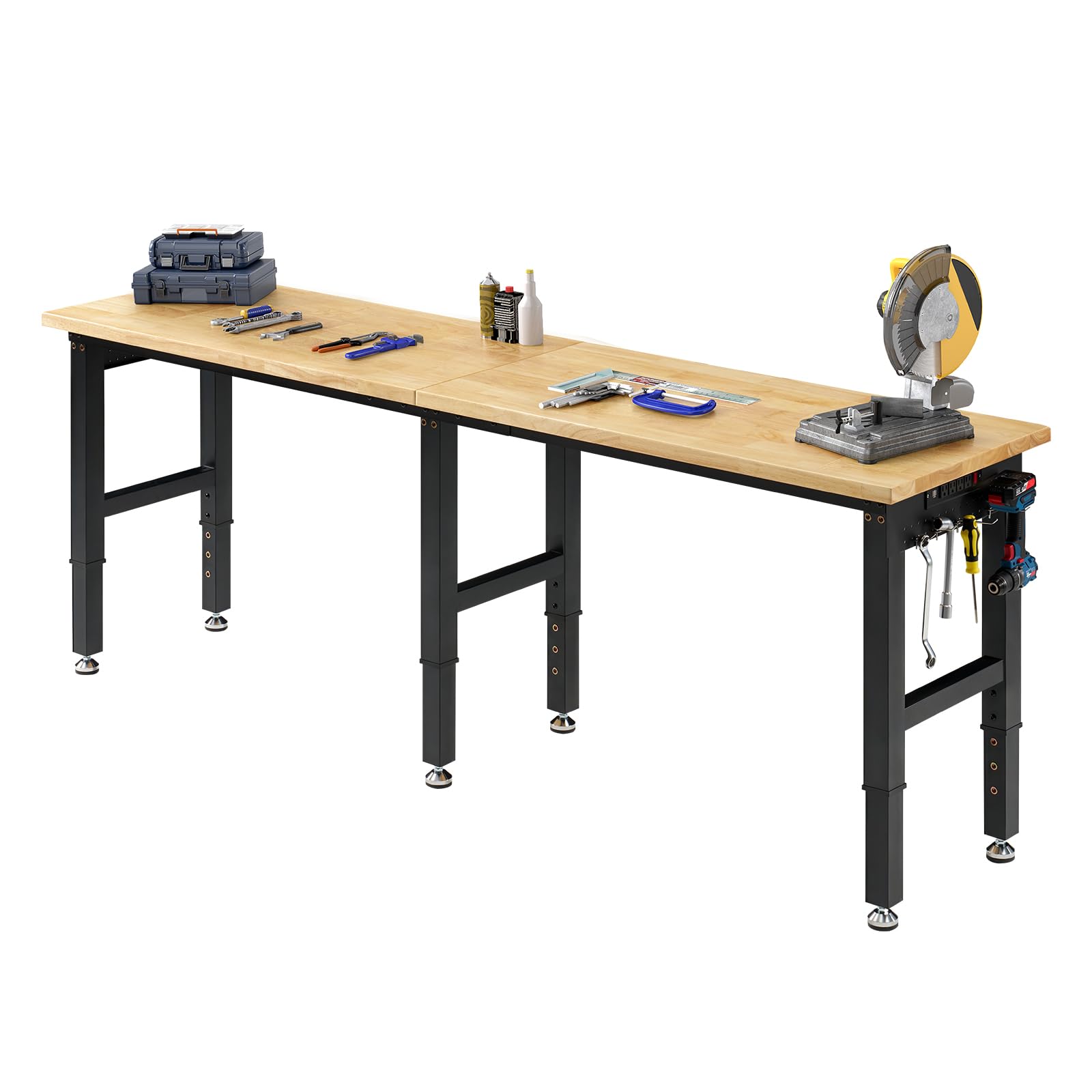 SPECRAFT 72" Adjustable Heavy Duty Workbench with 4 AC Outlet and 2 USB Ports Power Outlets, 6000 Lbs Capacity, Rubber Wood Top for Garage, Workshop, Office