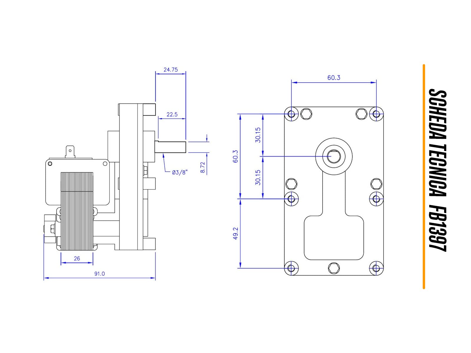 ERICAMBI, Motoriduttore FB1397 Mellor Serie T3 per Stufe a Pellet, Velocità 2rpm, Pacco Lamellare 25mm, Ø Albero 9,5mm, Senso di Rotazione Oraria, Spianatura Singola, Anselmo Cola Edilkamin