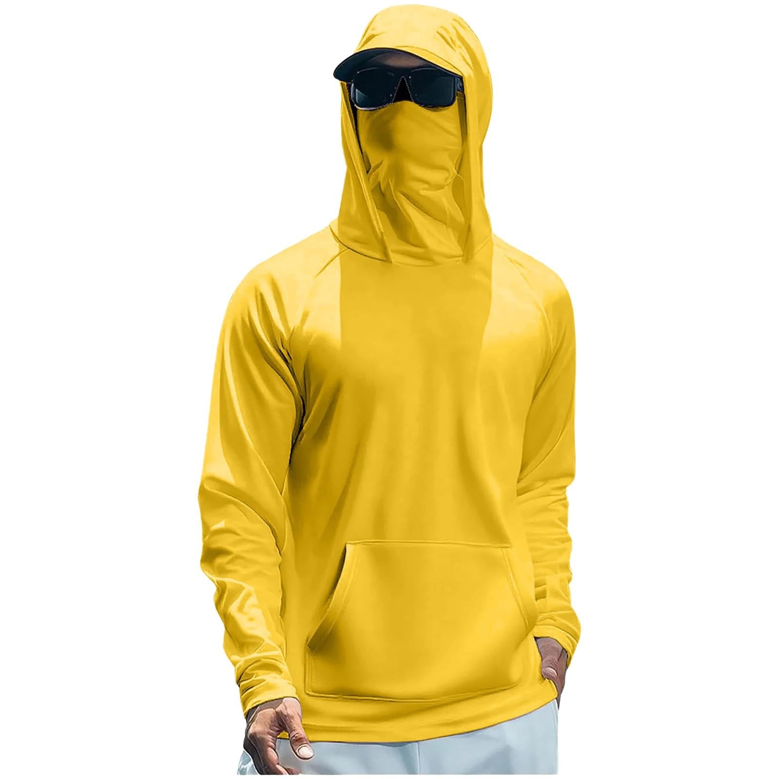 Men's Sun Protection Hoodie with Face Mask Quick Dry Fishing Shirt Lightweight UPF 50+ UV Hoodie Long Sleeve Rash Vest for Hiking Running Outdoor, Yellow, M