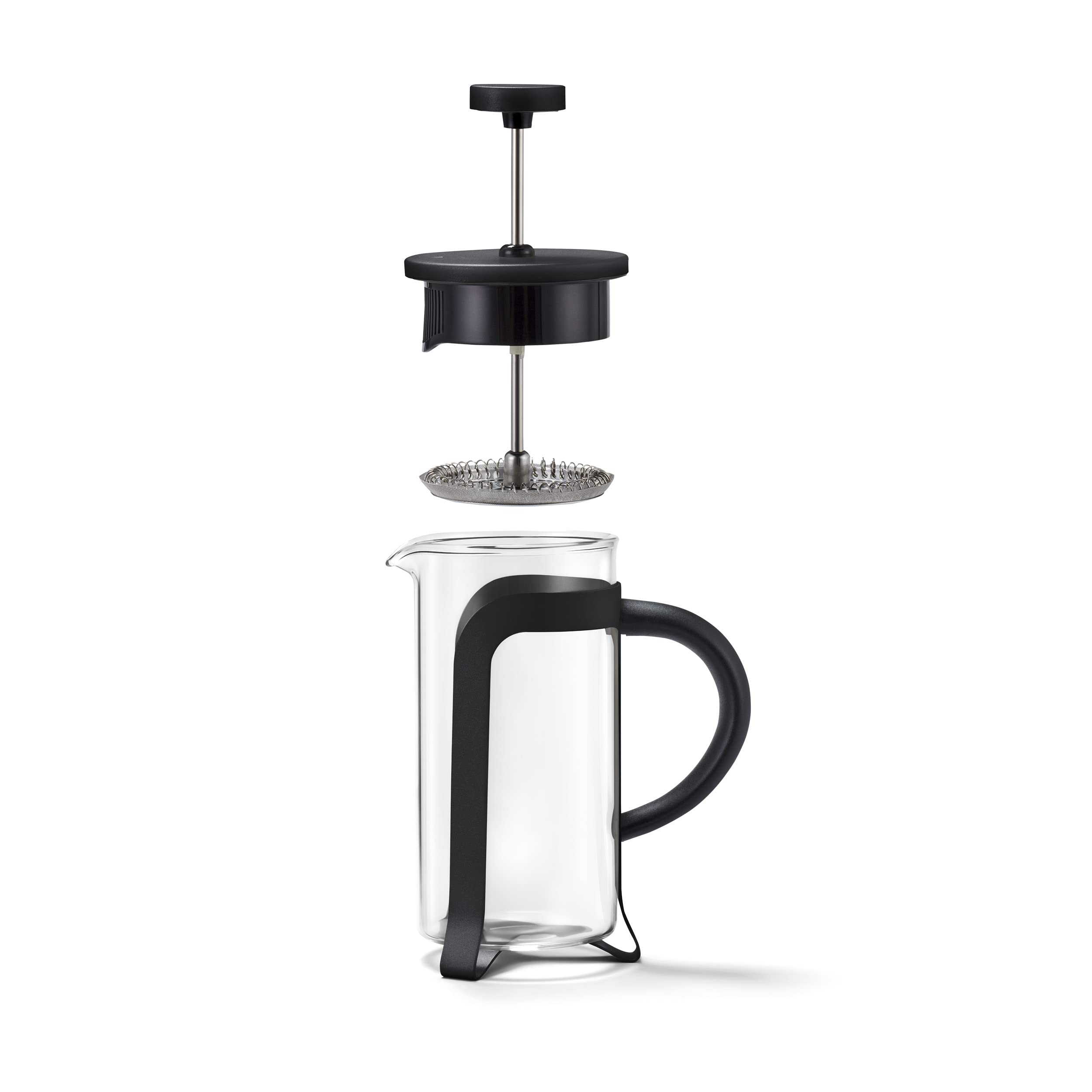 Tchibo Siebstempelkanne für manuelle Kaffeezubereitung, French Press aus hitzebeständigem Borosilikatglas, spülmaschinengeeignet, 300ml Fassungsvermögen für ca. 2 Tassen, Edelstahl, Schwarz