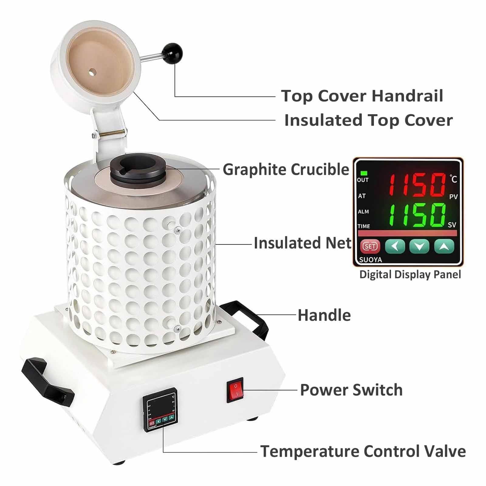 MObyat Wielofunkcyjny piec do topienia metali, elektryczny piekarnik stołowy do topienia Lor, pojemność tygla : 1 kg/2kg/3 kg, wysoka temperatura: 1 150°c, dla 3L