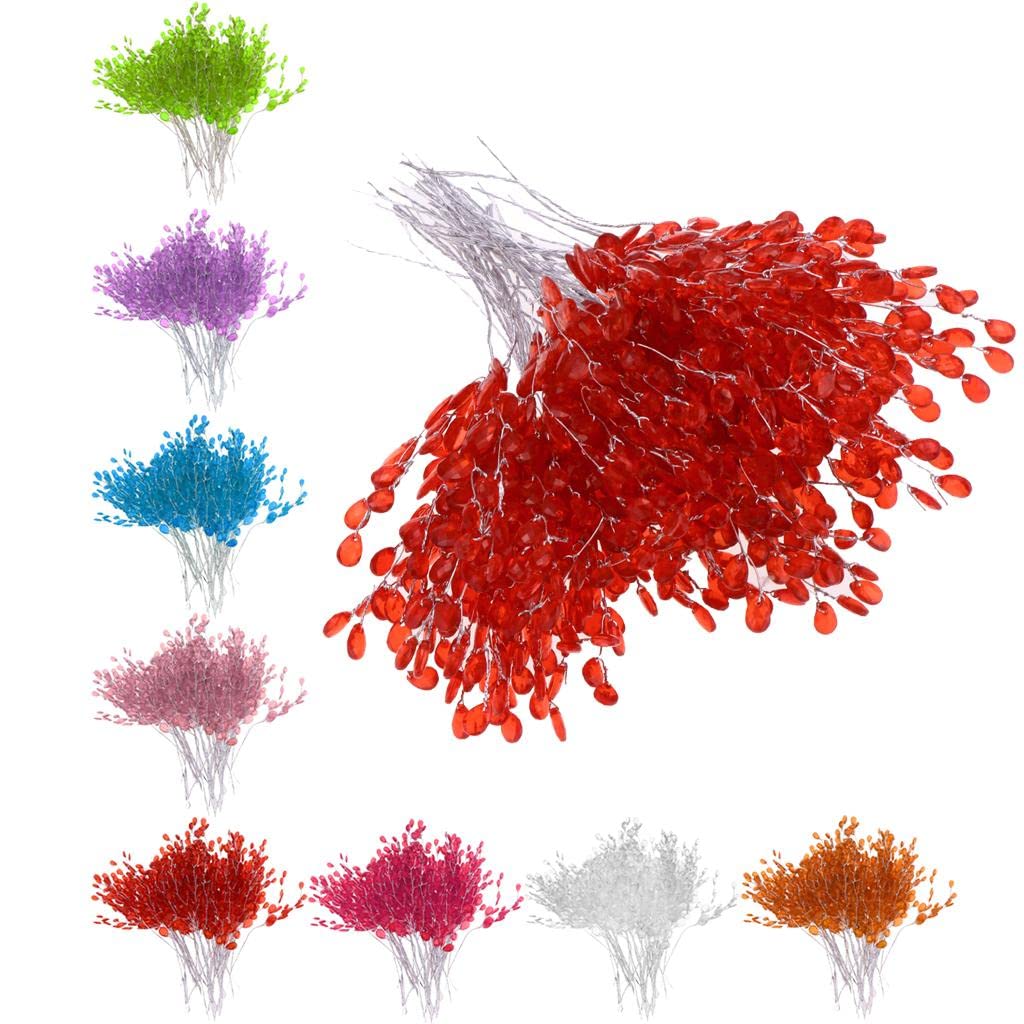 LOOM TREE 50pcs Artificial Flower Stem with Crystal Acrylic Bead Drop 15cm Red 2