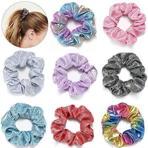 Hair Scrunchies Shiny Metallic Scrunchie Set - Elastic Hair Bands Scrunchy Hair Ties Ropes Scrunchies for Girls & Women Ponytail Holders Hair Accessories (8 Pack)
