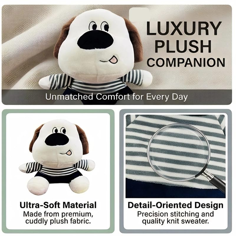 Image of Cute White Dog Soft Toy with Striped T-Shirt, Ultra-Soft Plush Stuffed Animal for Kids, Cuddly Puppy Toy for Boys and Girls, Durable & Washable, 32cm