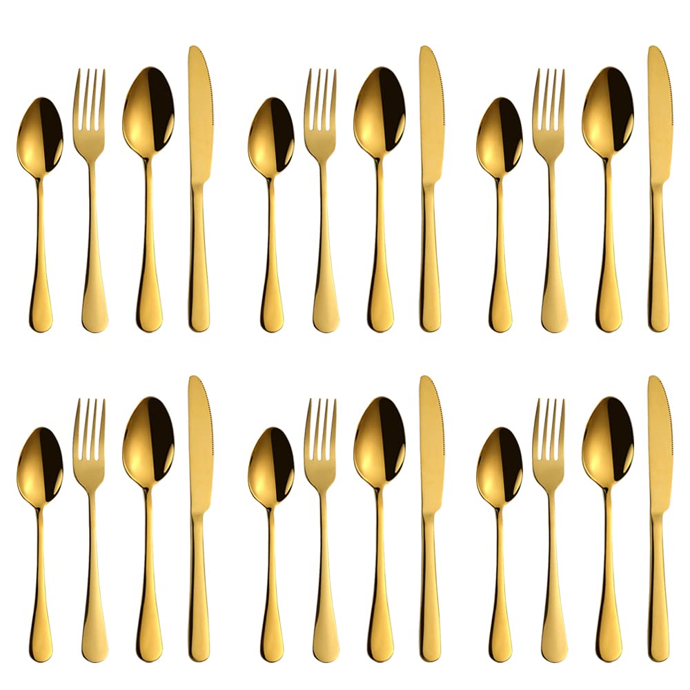 LAIION 24-Piece Golden Flatware Silverware Set,18/10 Heavy Duty Stainless Steel Flatware Service for 6,Cutlery Include Knife/Fork/Spoon/Coffee Spoon,Mirror Polished, Dishwasher Safety