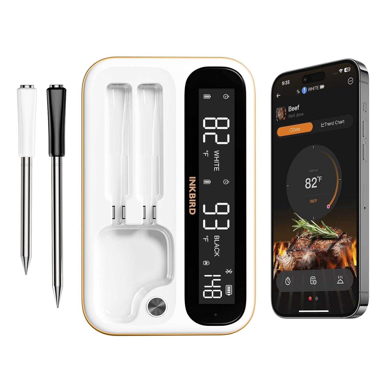 INKBIRD 5G+2.4G Wireless Meat Thermometer, Full-View Backlit LCD, Bluetooth Long-Distance Monitoring, Equipped with Long and Short Probes, BBQ Grill, Cook, Oven