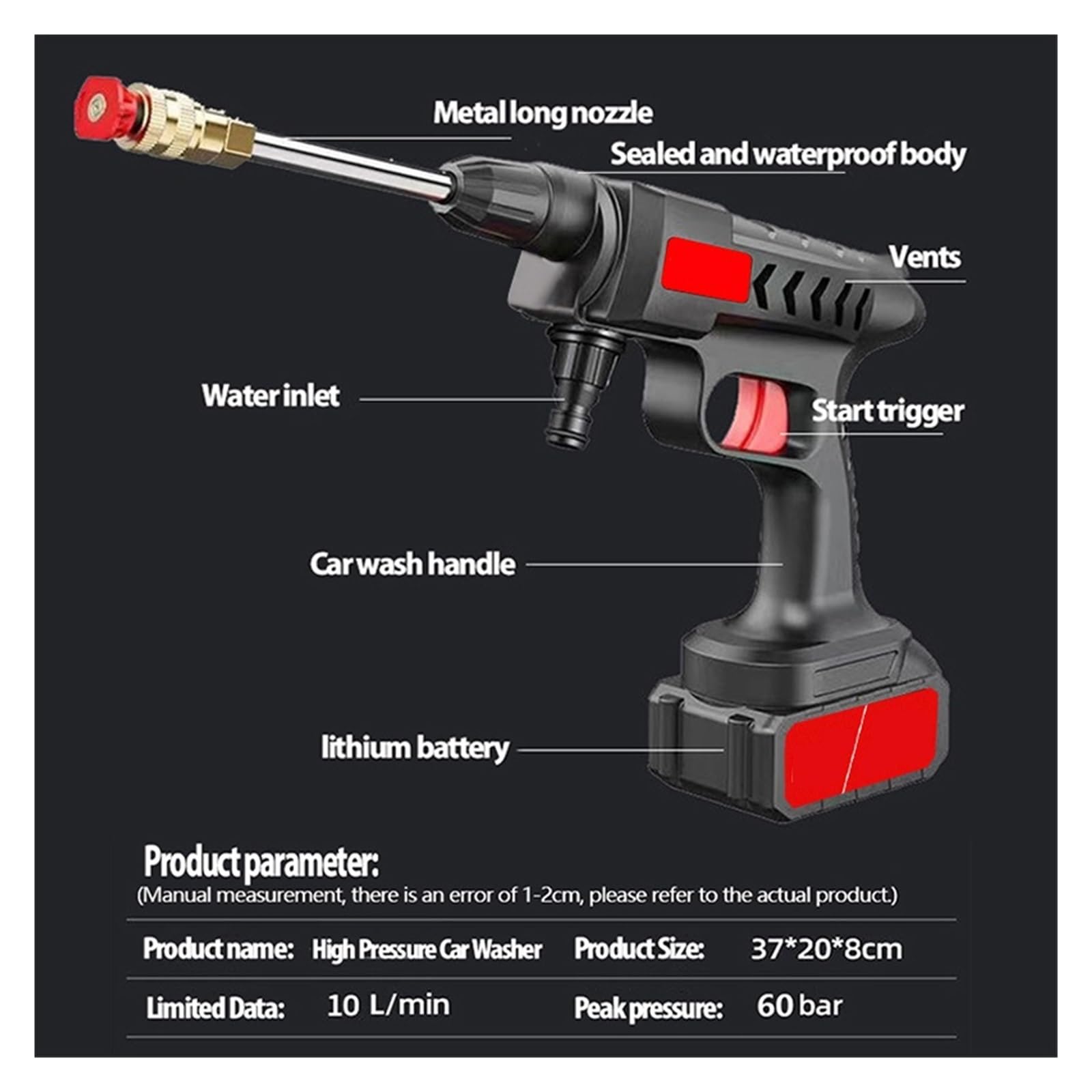 Pistolet d'arrosage avec embout multi-jets, Générateur de mousse à haute pression sans fil la barre 500W du lave-auto 20000mAh 60