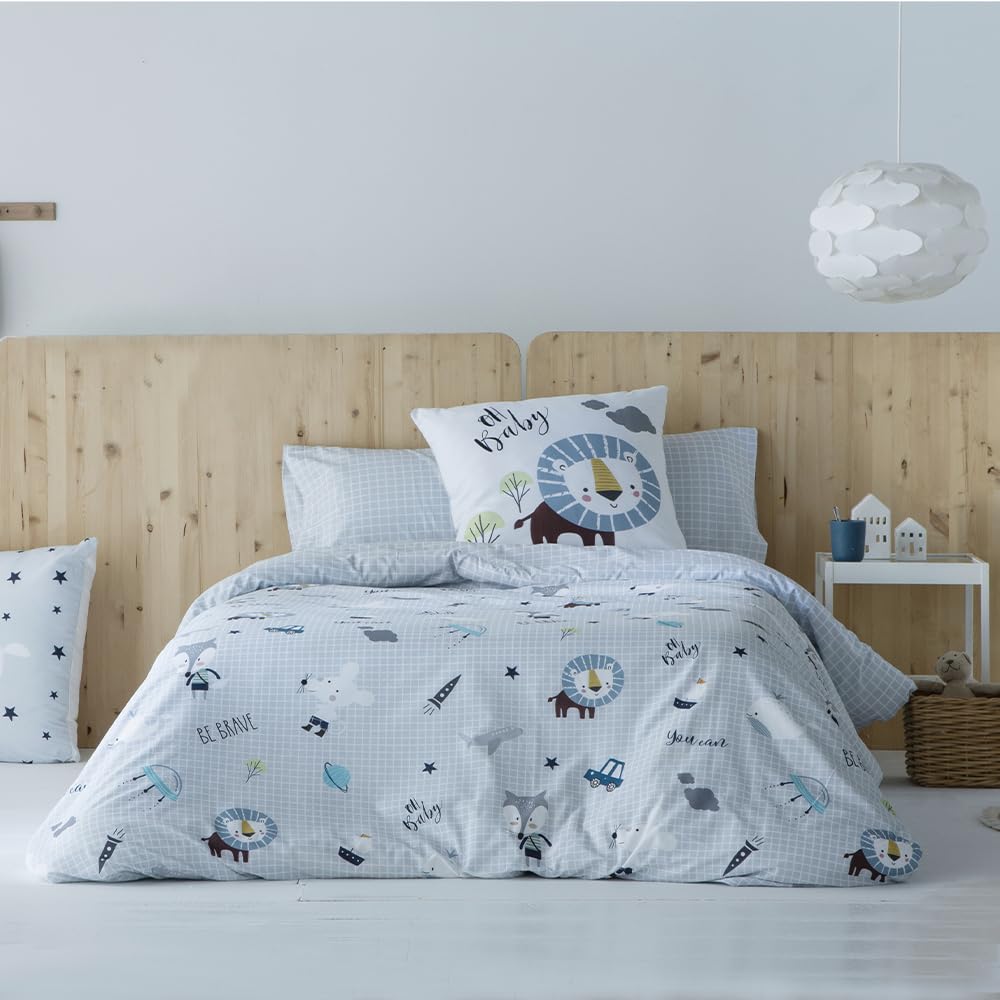 COTTON ARTean Funda Nórdica Infantil Cama 90 Percal algodón 180 Hilos OH Baby REVERSIBLE Funda edredón 150x260 + 1 Funda de Almohada Gris