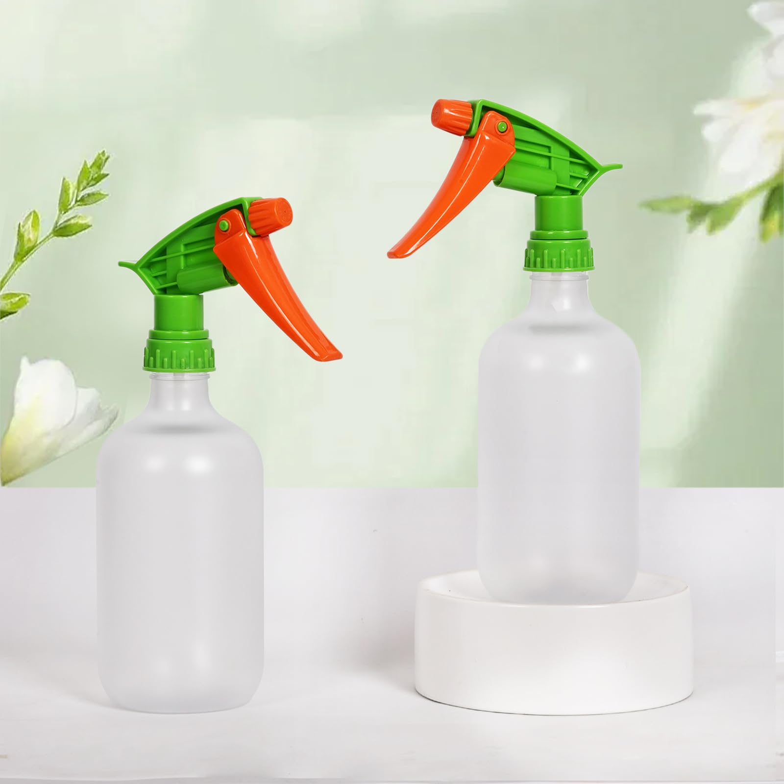 2 x butelka z rozpylaczem 500 ml, regulowana dysza, spust z 4 palcami, biała butelka + pomarańczowa dysza, materiał PET, ergonomiczna konstrukcja, szczelna, mgiełka do strumienia