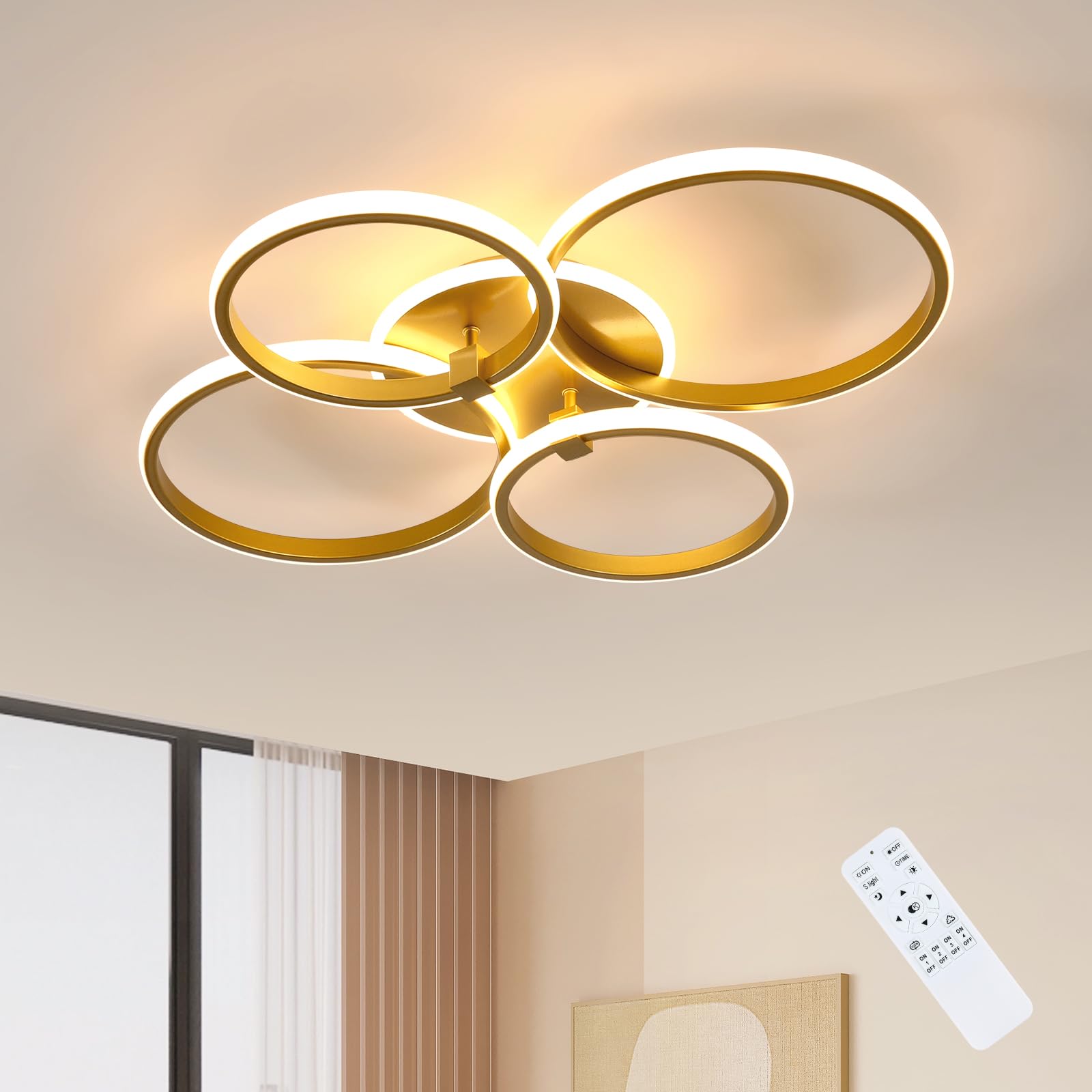 Comely Lamparas de Techo Moderno 36 W, Plafon LED Techo Regulable con Mando a Distáncia, Luz de Techo Redonda Para Salón Dormitorio Cocina Habitación (69 * 58 * 9 CM), Dorado
