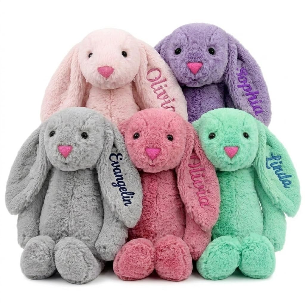 Custom Bunny Stuffed Animal Easter Personalized Baby Gifts Embroidered Name Text Easter Bunny Plush for Newborn Baby Infant