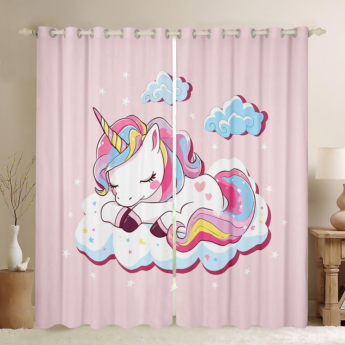 Loussiesd Girly Unicorn Window Treatments Fantasy Unicorn Themed Curtains for Kids Girls Children Magical Animal Decor Window Drapes Room Decor Fairy Cartoon Pattern Window Curtains W46*L72 โ image 1