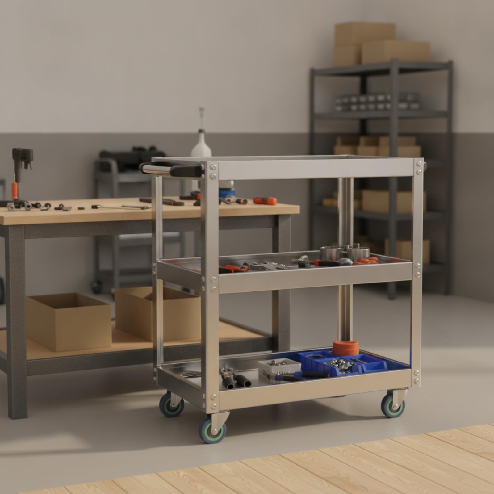 Carrello Portaelementi in Acciaio Inox con Ripiani a Vassoio E Telaio Rettangolare Aperto per Riporre Viti E Utensili in Officina Meccanica E Ambiente Artigianale, 80 48 90cm, style to 3