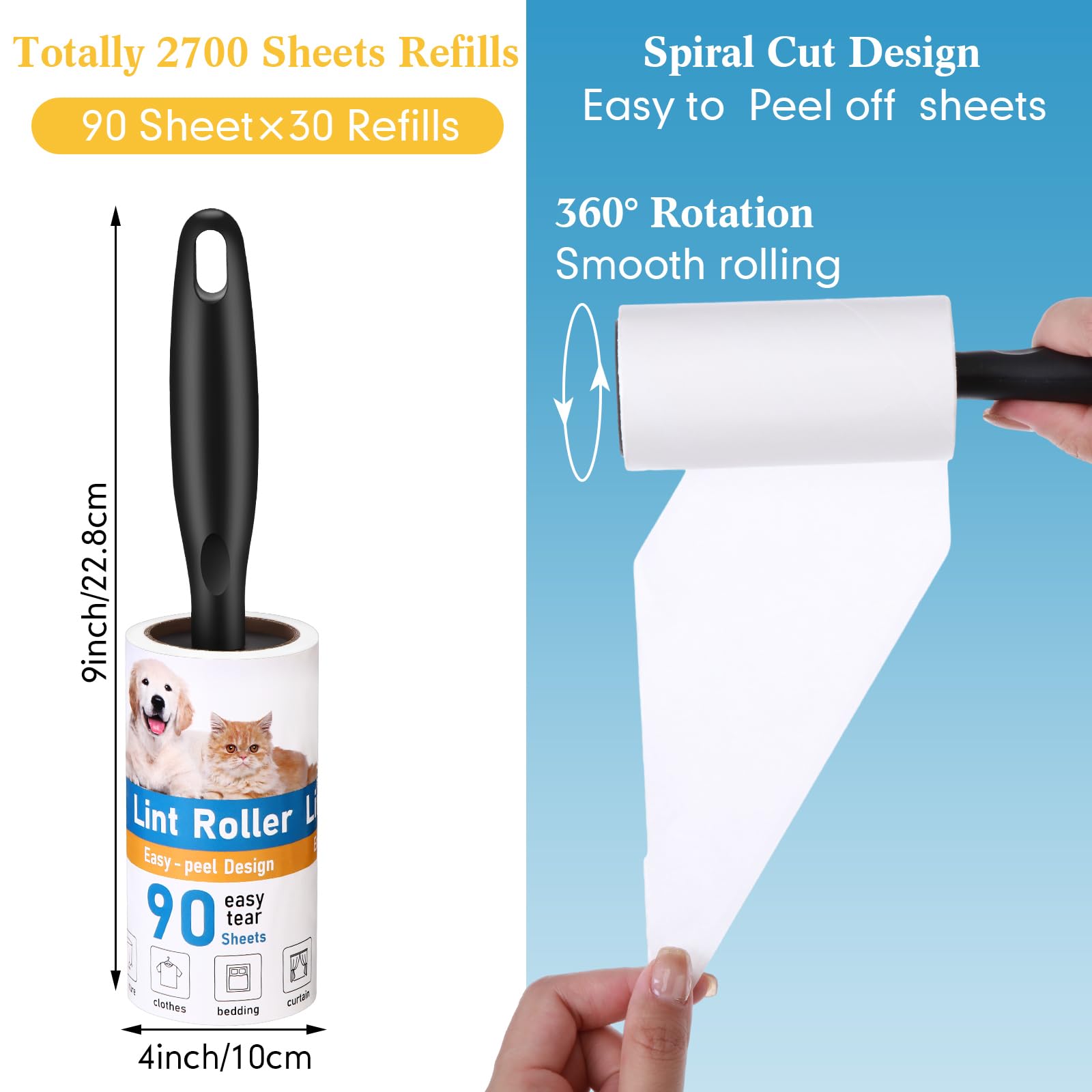 FoldTier 2700 Hojas de Rodillos de Pelusa para Pelo de Mascotas, Extra pegajoso, portátil, removedor de Pelusas, Rodillo con 10 Asas, 30 recambios, removedor de Pelo de Mascotas para sofá, Ropa,