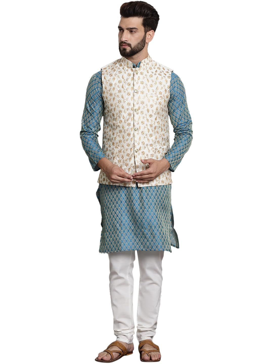 Sojanya (Since 1958 Men's Ethnic Motifs Blue Woven Design Silk Blend Kurta With Pyjamas & Cream Nehru Jacket Size-44