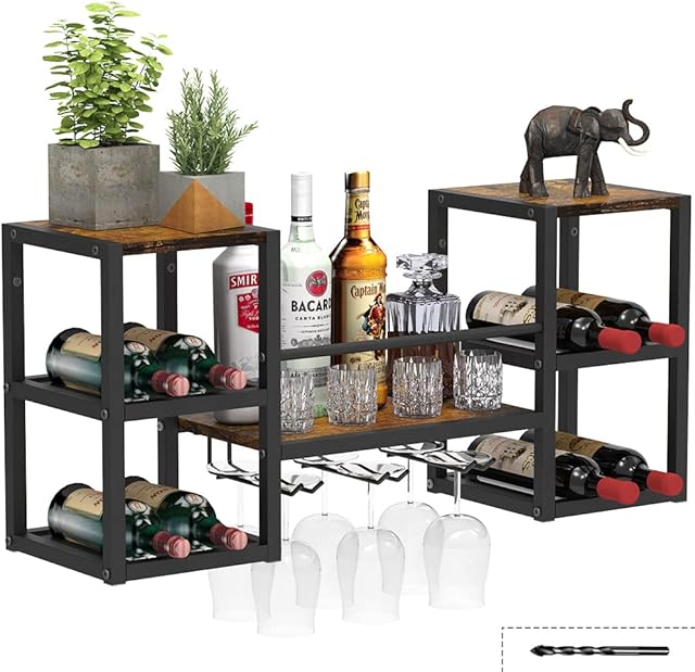 VEDECASA Industrial Greige Wall Mounted Wine Rack with 3 Steam Glass Holder Partial Wood Shelf Black Metal Bottle Holder Multi Functional Wine Storage Display Rack for Home Bar Dining Room Kitchen