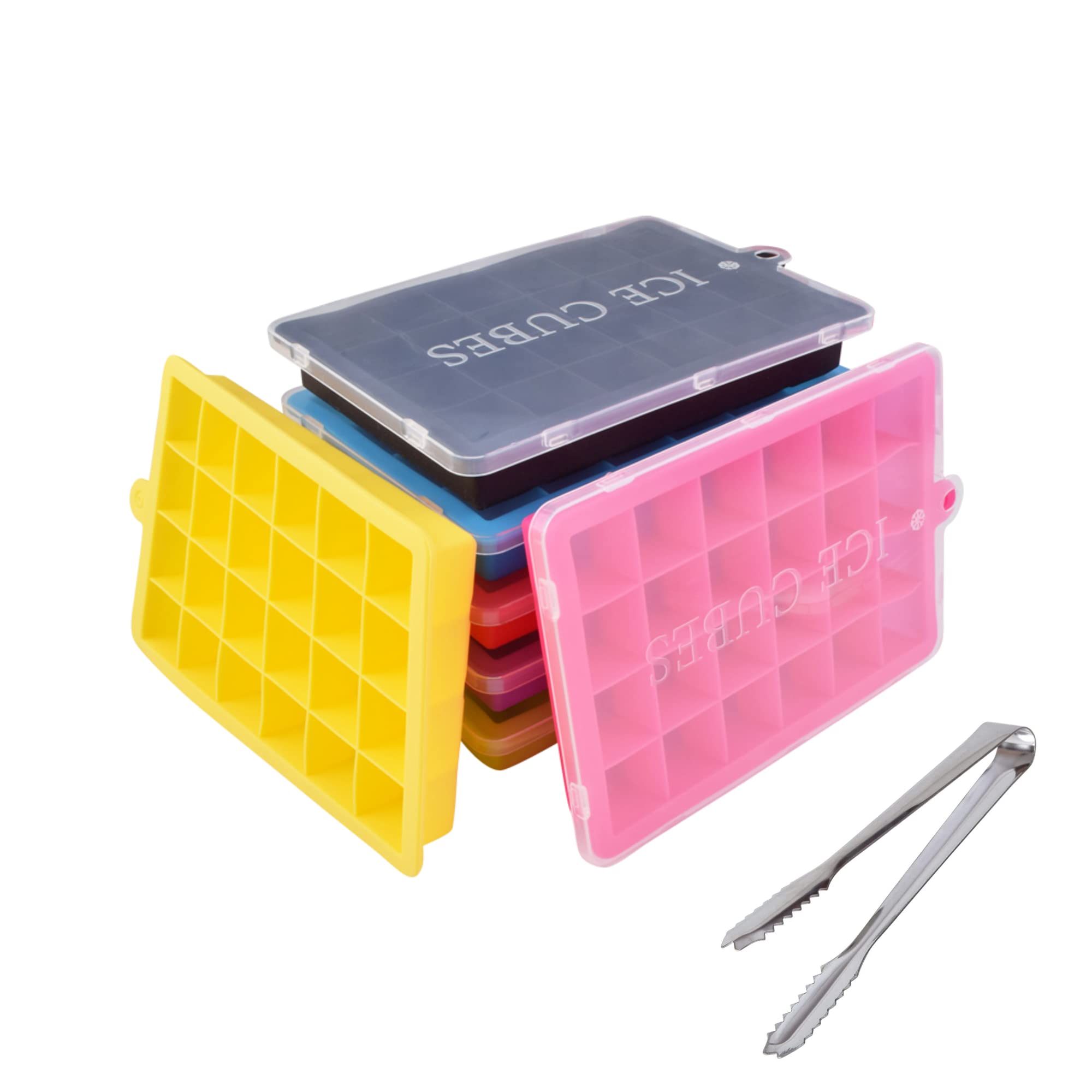 4 Sets/Packs Ice Cube Trays/Maker with Lid/Cover + Ice Cube Tong Silicone Molds - Square Large Ice Cubes Maker - BPA Free and Reusable with Lid