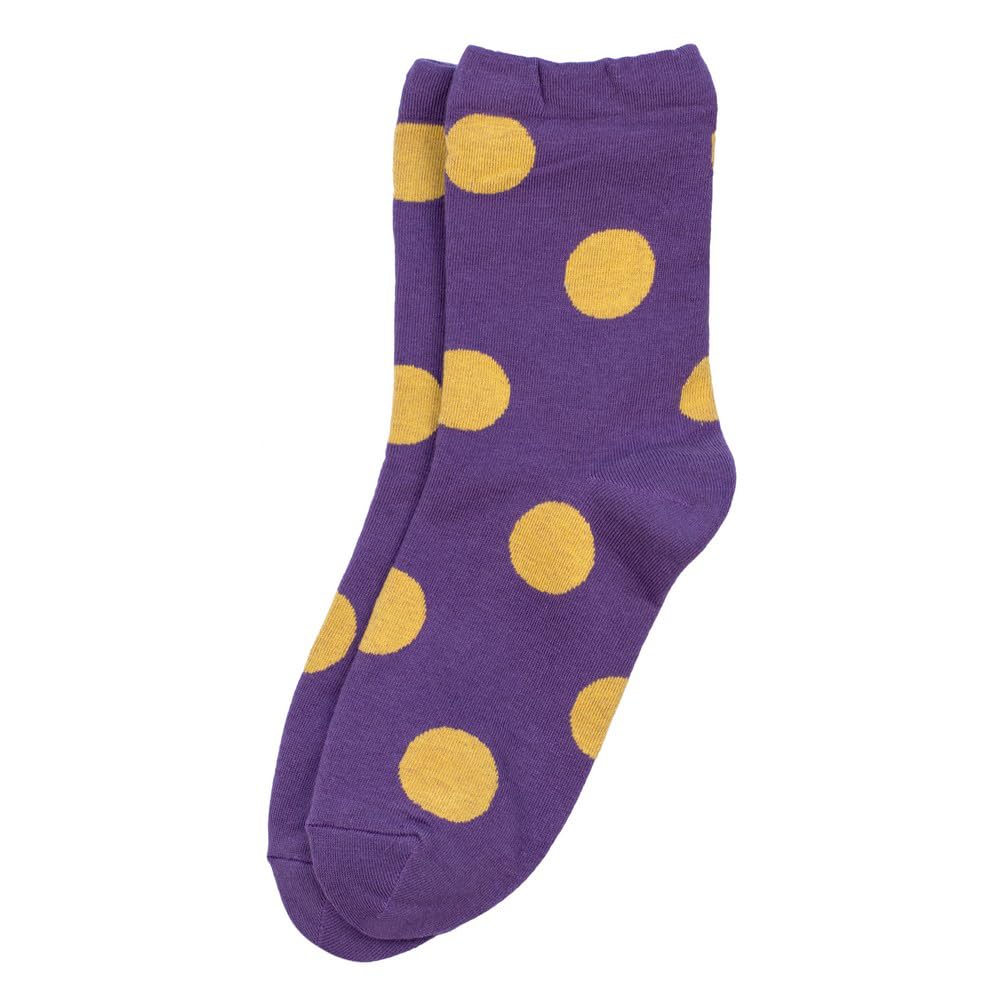 Joe Cool Unisex Purple Funky Fashion Socks For Women & Men - Cotton Blend Crew Socks - Retro Polka Dot Design - & Gold Novelty Pattern - Comfortable Everyday Wear Uk Size 4-7