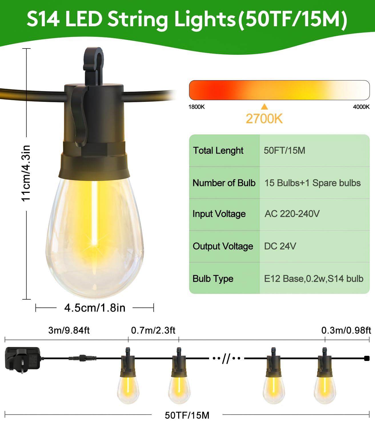 SAEIHGAE Outdoor Festoon Lights Mains Powered: 50ft 15m Outdoor String Lights 15+1 S14 LED Bulbs Garden Lighting Party String for Balcony Festival - Image 2