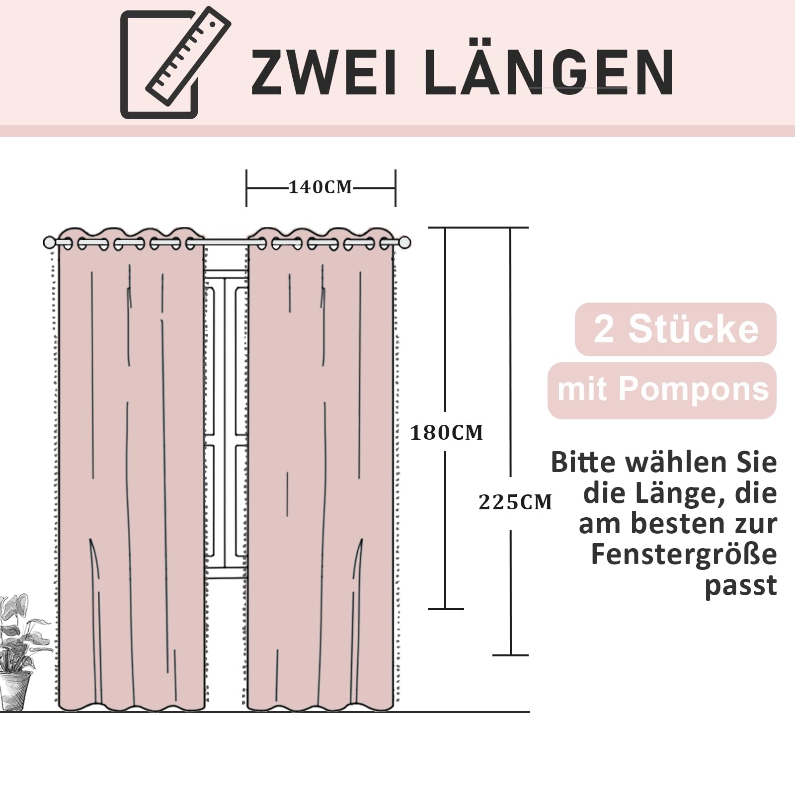 Treatmentex Blickdicht Vorhang mit Pompons Rosa Vorhang mit Ösen Landhausstil Wärmeisoliert Thermovorhang Verdunkelungsvorhänge für Mädchenzimmer,Wohnzimmer,Schlafzimmer-2 Stück(Rosa,140x225cm)