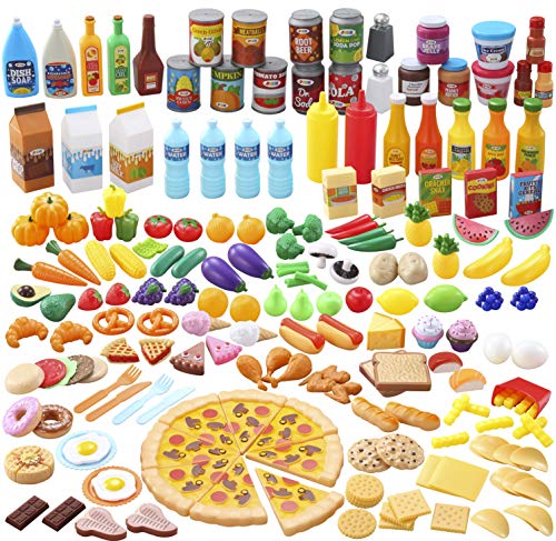 JOYIN Kids Play Food Deluxe Pretend Play Food Set 200 Pieces Toy Food Play Kitchen Accessories with Realistic Colors