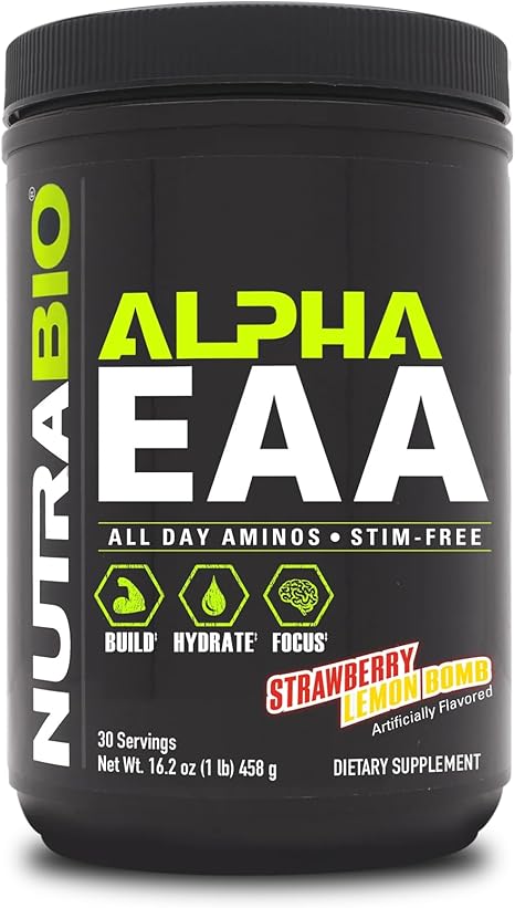 NutraBio Alpha EAA - All-Day Perfect Amino Acids for Muscle Growth - Essential Amino Acids - Full Spectrum EAA BCAA Powder- Amino Acid Supplement - 30 Servings - Strawberry Lemon