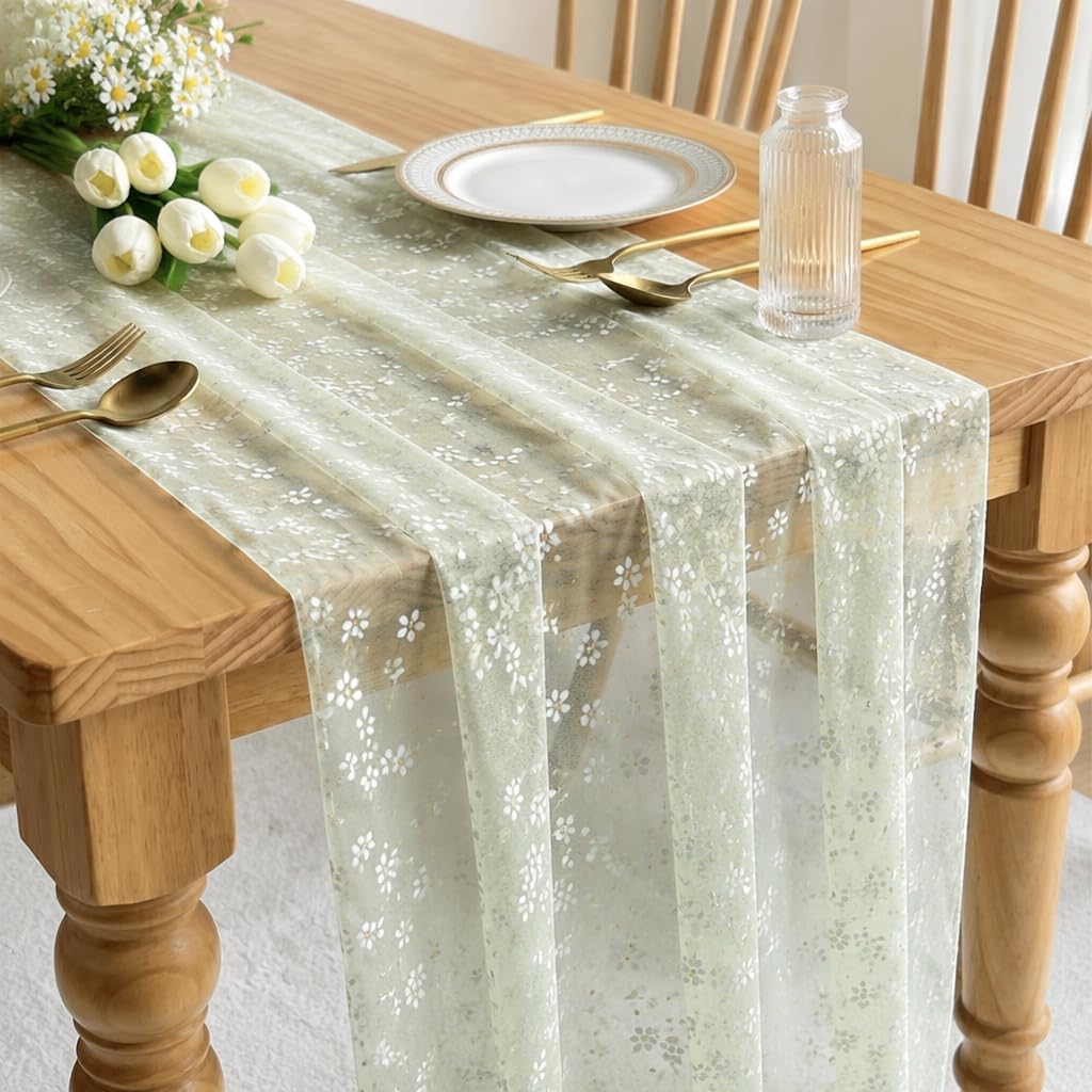 Summer Daisy Gauze Table Runner Table Runner Sheer Mesh Tablecloth 70 × 300 cm Floral Tulle Table Runner for Seasonal Table Decor for Kitchen Dining Coffee Wedding Arch Birthday Party (A-Pale Green)