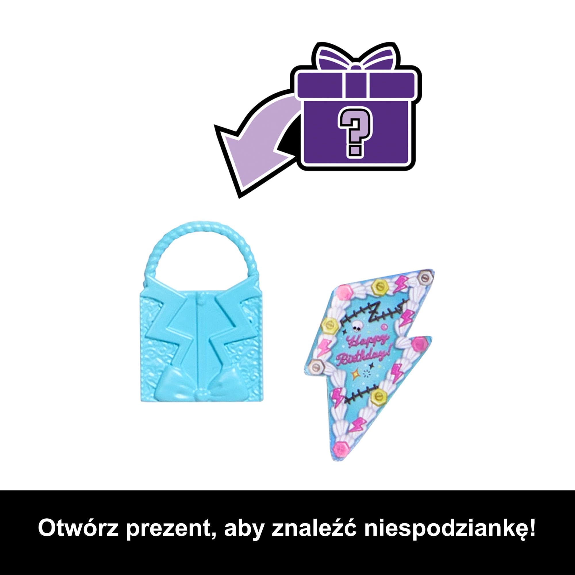 Monster High Straszysłodkie urodziny Frankie Stein Lalka zabawka w czarnej sukience z akcesoriami tematycznymi, w tym zaproszenie, „balon”, prezent i „szminka”, JBG75