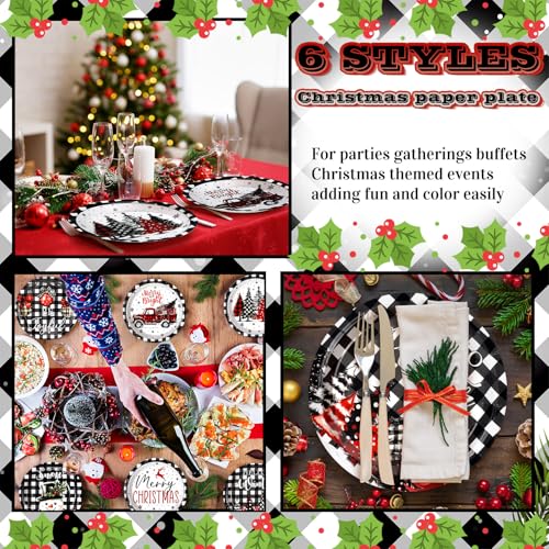 Image of Fourluoo 96 Pcs Christmas Black White Buffalo Plaid Paper Plates Disposable Peppermint Dinner Plates for Xmas Birthday Party Table Decor