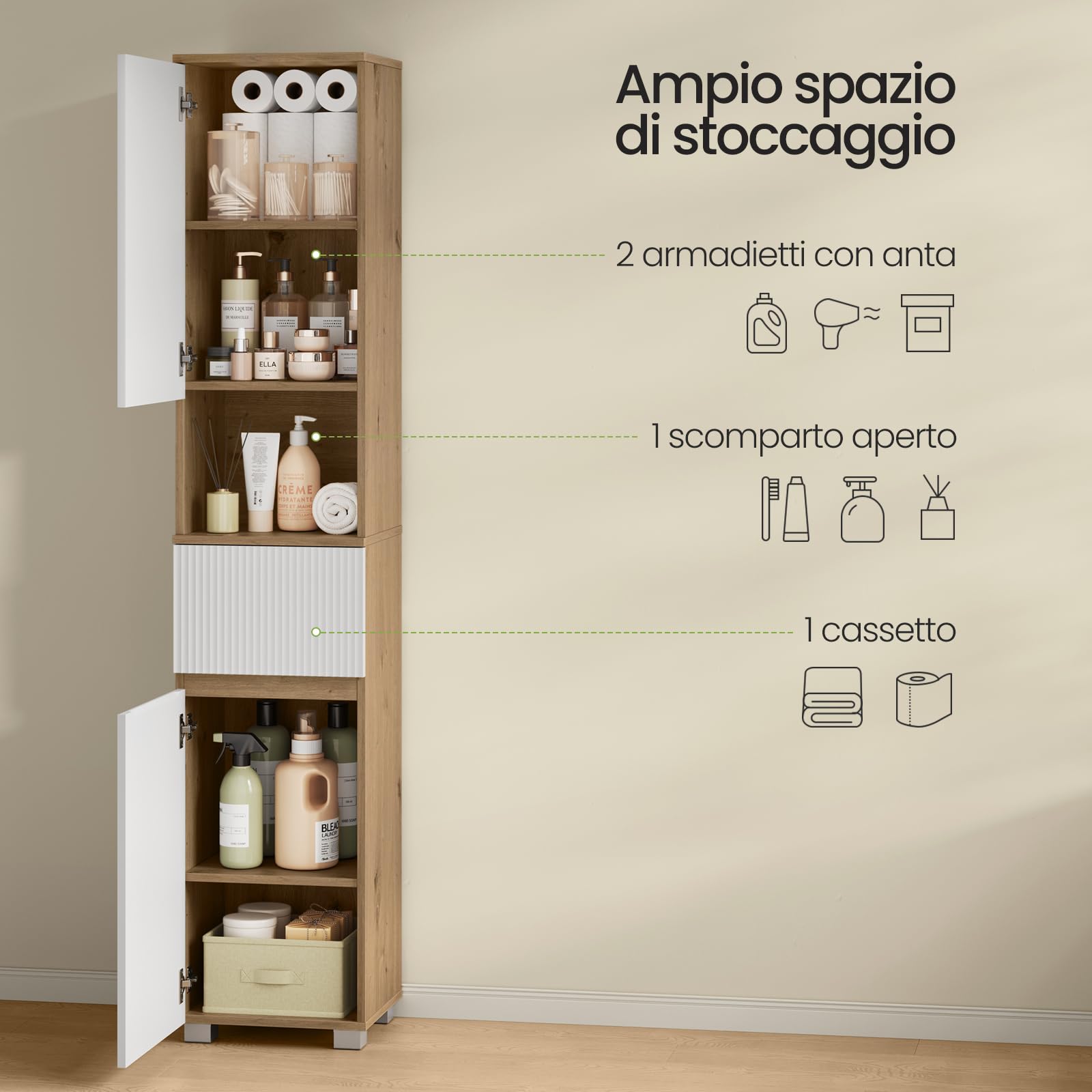EUGAD Colonna Bagno 2 Ante Cassetto Ripiani Regolabili 35x30x176.5cm Bianco+Rovere