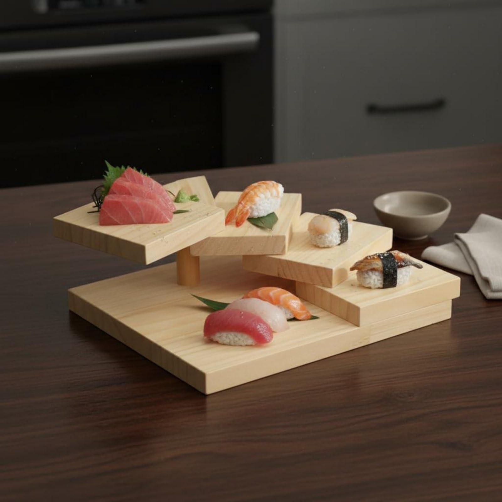 Plato Escalonado de Madera Estilo Japonés Bandeja Rústica Decoración Creativa Vajilla para Restaurante , Escalera De 12 Peldaños Cuadrada