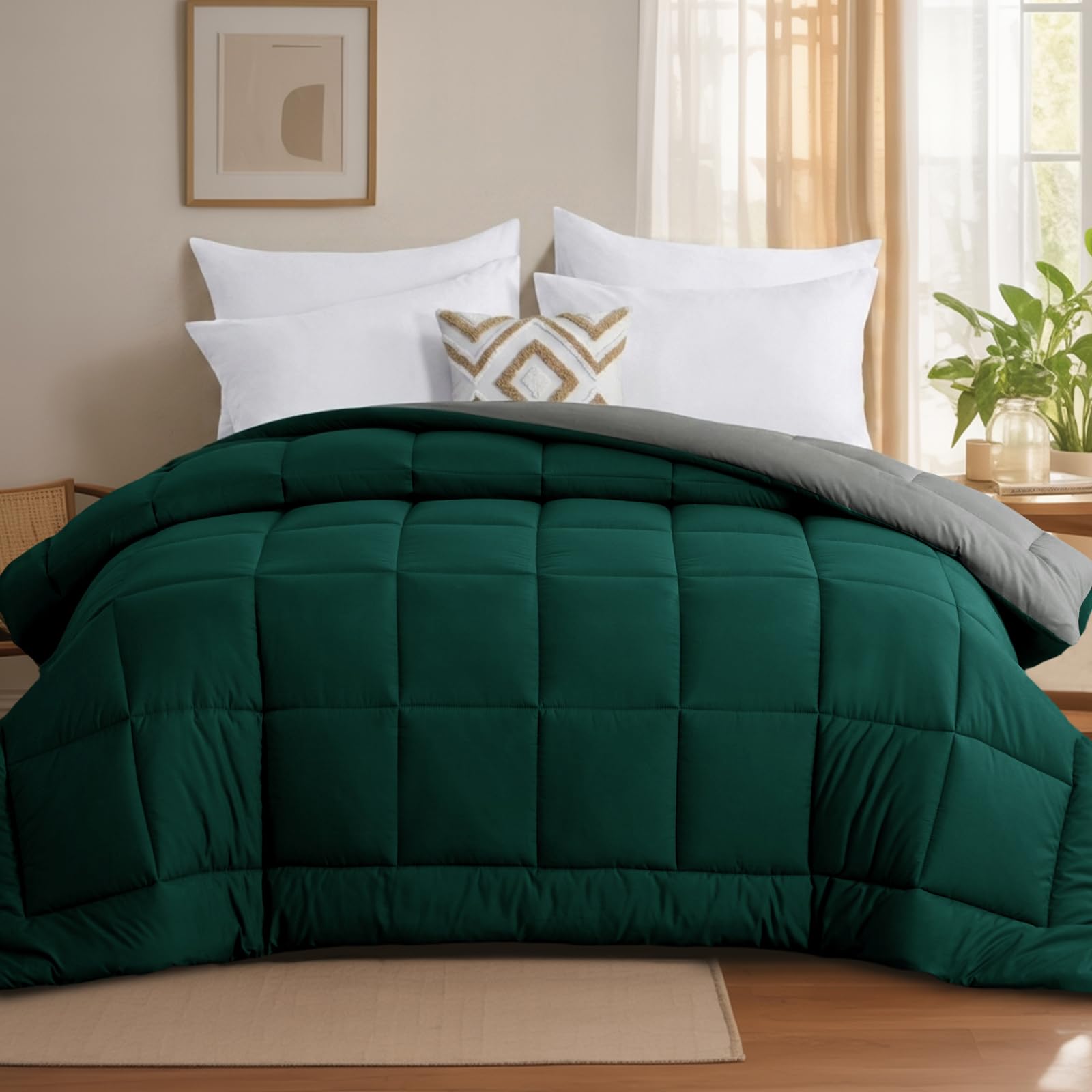 Tifschlaf Coverless Duvet King Size 10.5 Tog - Reversible Kingsize Bed Duvet for All Seasons, Luxury Lightweight Quilt Washable Comforter Only 230x220cm Emerald Green/Grey