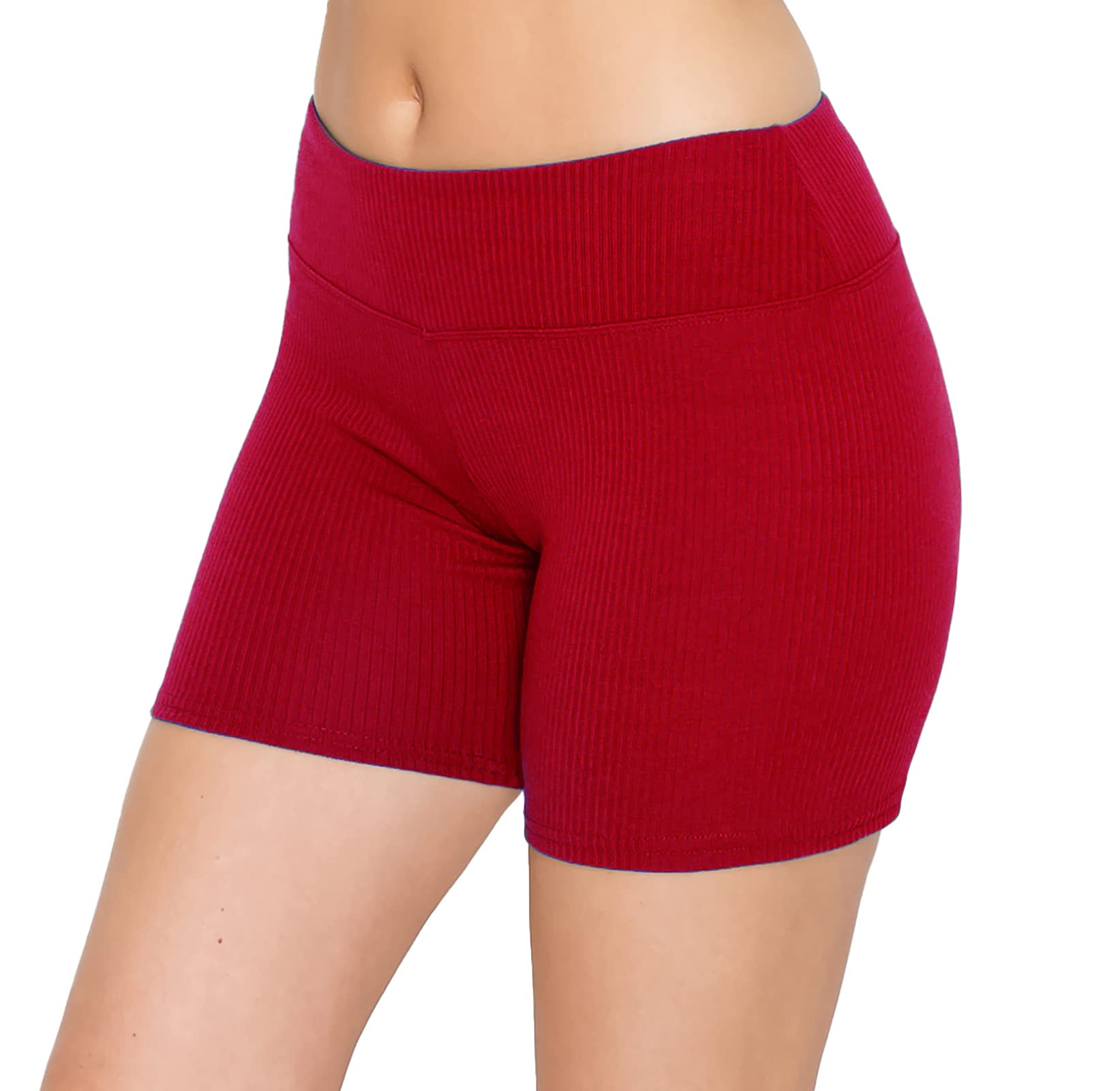 ALWAYS Women’s Ribbed Biker Shorts, High Waisted Tummy Control Workout Shorts, 5” Inseam, Red L