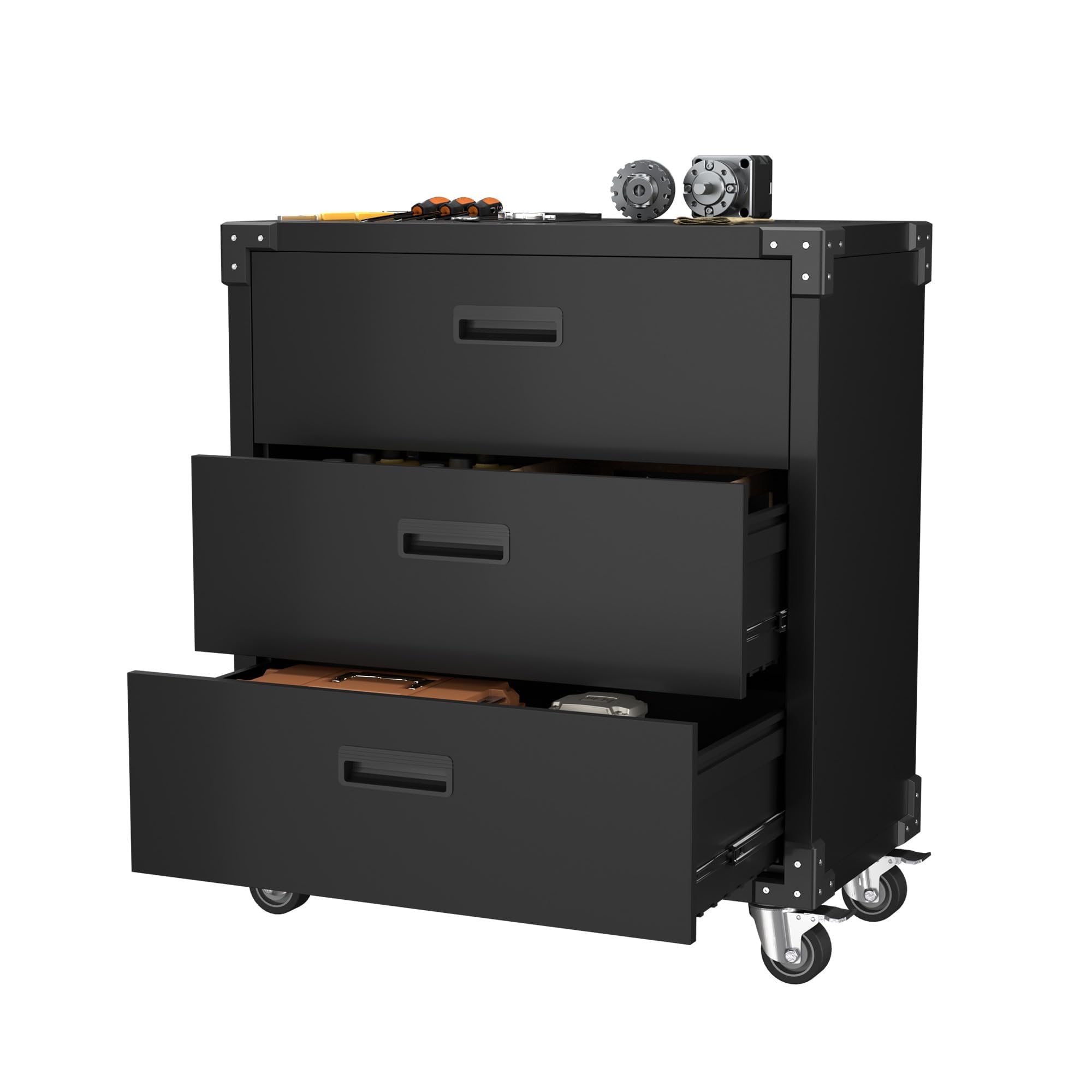 SUPEER 3 Drawer Metal Storage Cabinet with Wheels, Black Garage Cabinet for Garage Home Office Business Storage, Assembly Required