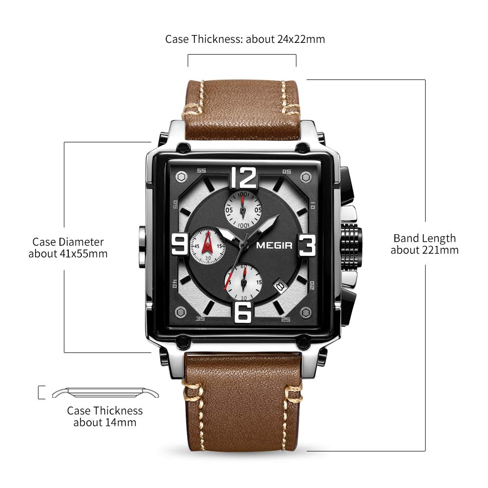 MEGIR ML2061G - Orologio da uomo analogico al quarzo, con cinturino in pelle alla moda, stile militare, cronografo, luminoso, per sport e lavoro