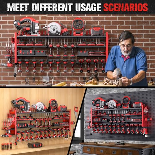 Shomextol 49.8" W Super Large Power Tool Organizer Wall Mount,4-Layer Heavy Duty Tool Storage with 18 Cordless Drill Holder,600 lb Capacity Garage Organization for Garage and Workshop (Red) by Shomextol - Image 6