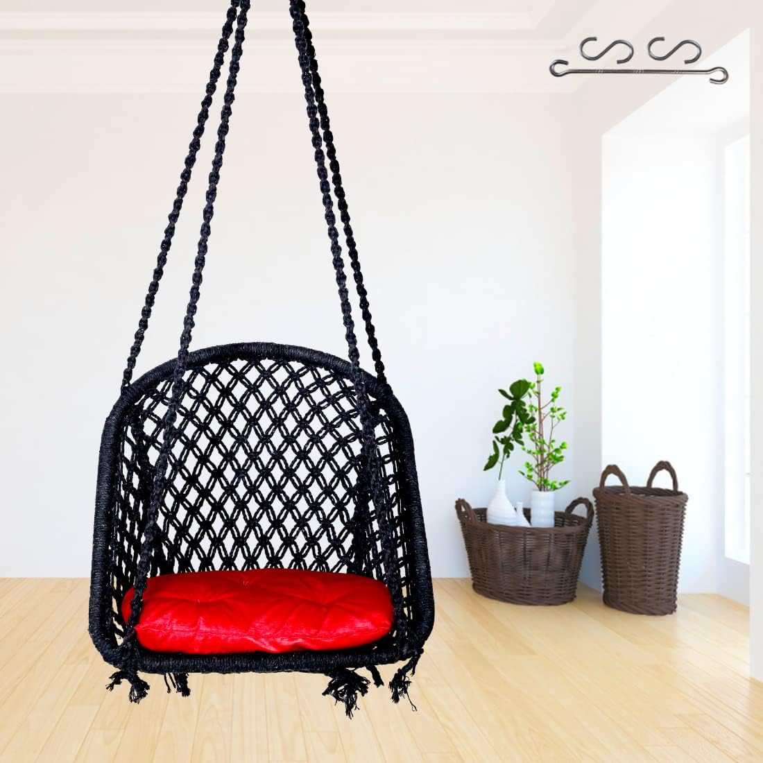 Patiofy D Shape Swing Chair for Adults - Indoor Outdoor Balcony Garden Swing With Hanging Kit & Red Cushion - Black