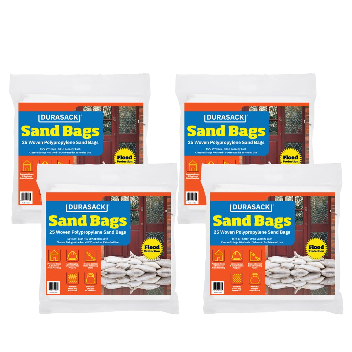 DURASACK Heavy Duty Sand Bags with Tie Strings Empty White Woven Polypropylene Sand-Bags with 1600 Hours of UV Protection, 15x27 inches, White, Pack of 100