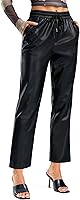 SANTINY Women's High Waisted Faux Leather Pants - Straight Leg Cropped Ankle Vegan Pleather Trousers for Night Out