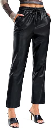 Women Faux Leather Pants High Waist Wide Leg Business Causal Trousers With Pockets - Product Details