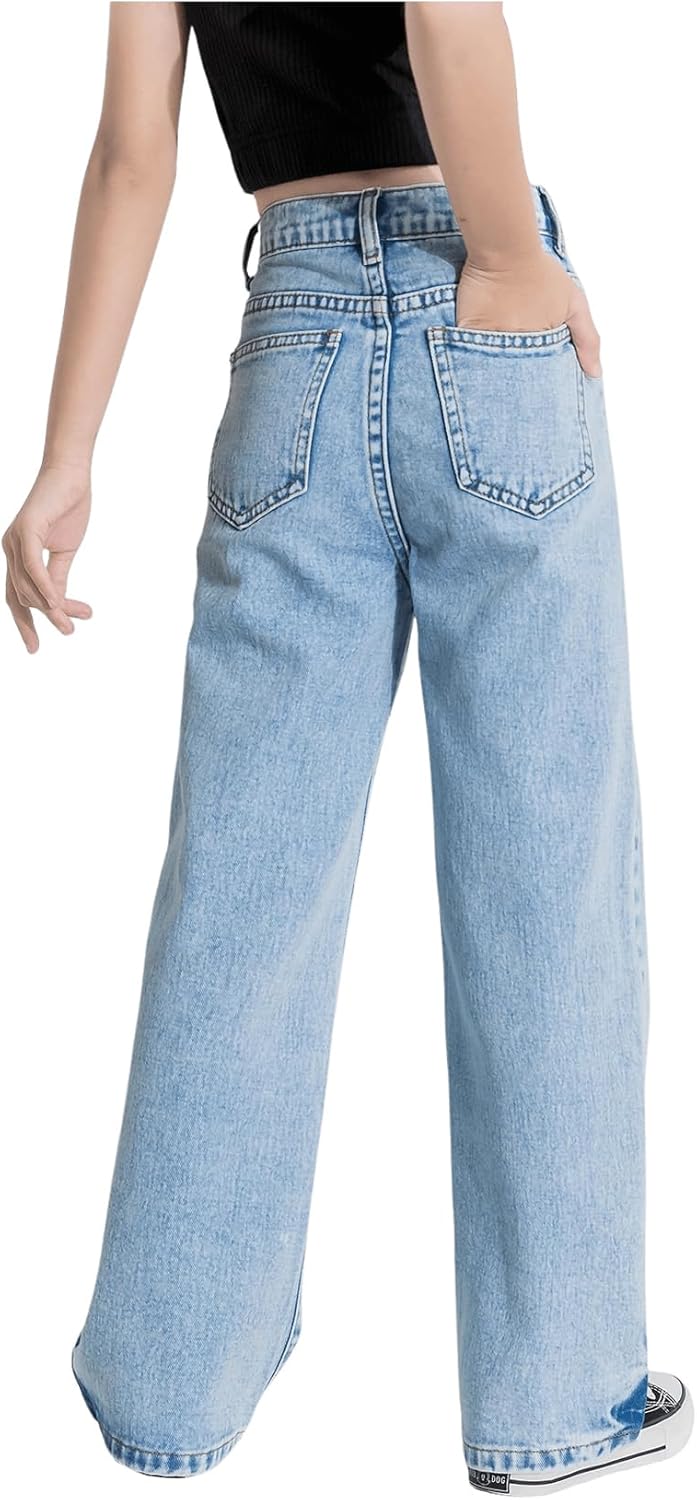 WDIRARA Girl's Butterfly Print Elastic Waist Wide Leg Ripped Jeans Denim Pants - Image 2