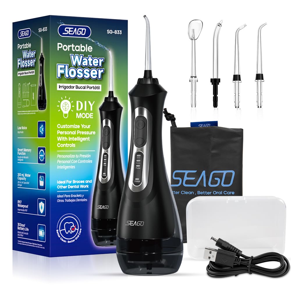 Seago Water Dental Flosser Oral Irrigator with 3 Modes，Cordless Water Teeth Cleaner with 5 Jet Tips，IPX7 Waterproof Rechargeable Portable Powerful Flosser for Teeth for Travel & Home Braces