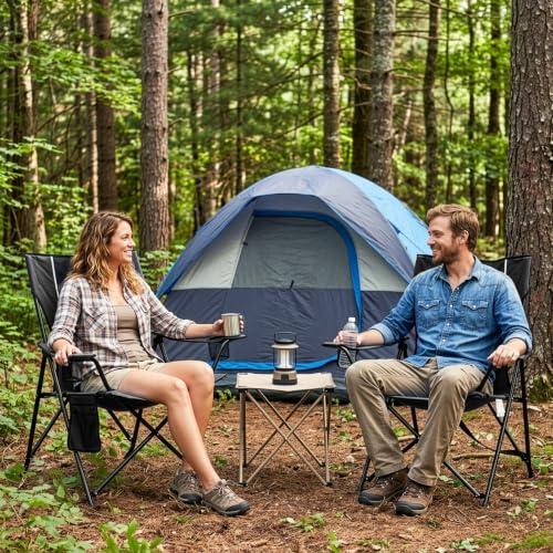 Image of Romswi Portable Folding Camping Chair for Adults, Heavy Duty Outdoor Sports Chair with Dual Cup Holders, Side Pocket and Carry Bag, Camping Chair for Lawn, Beach, Fishing, Picnic and Tailgating,Black