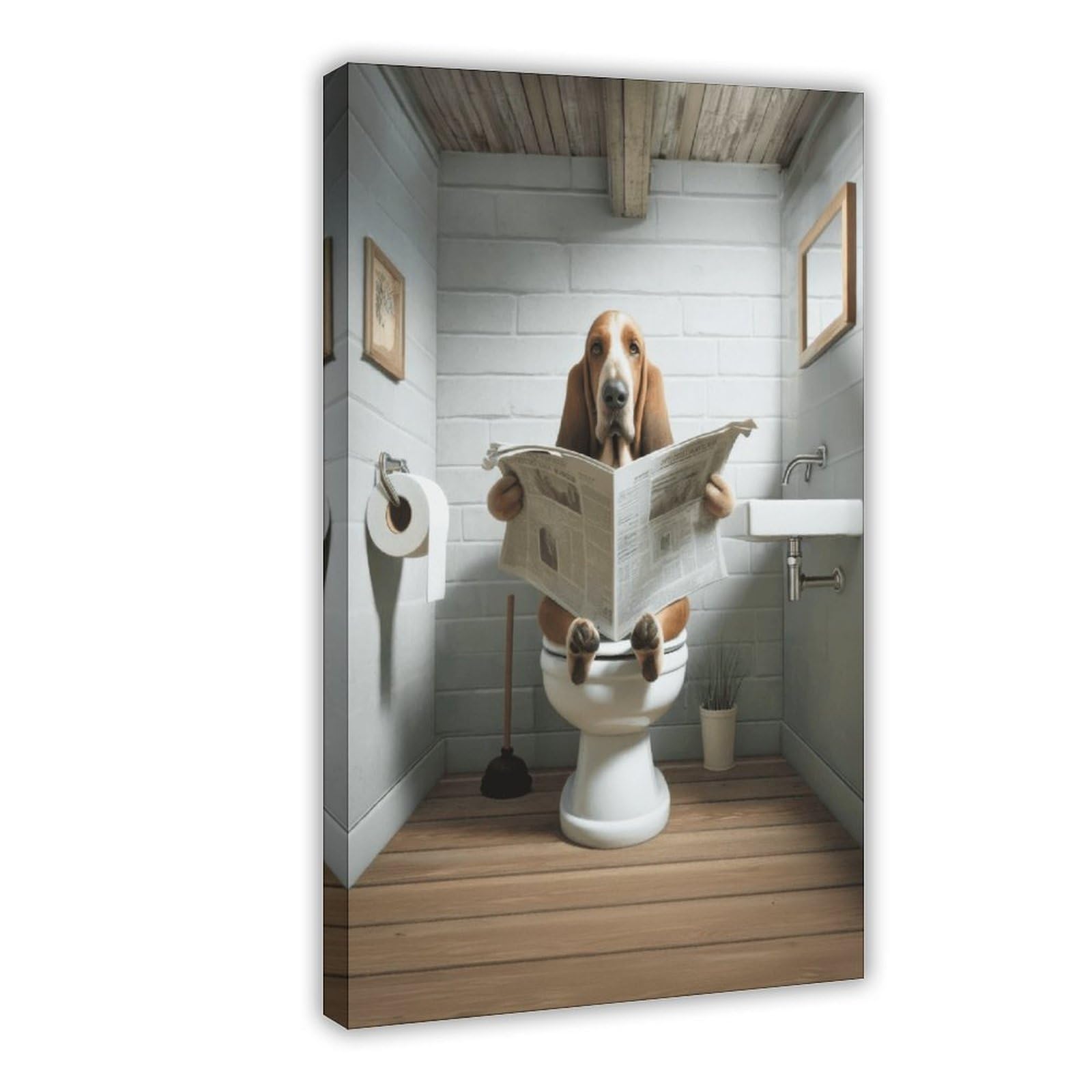 BNCEDJK Photograph of A Basset Hound Dog Reading The Newspaper on The Toilet Canvas Poster Bedroom Decor Landscape Decor Gift 12x18inch(30x45cm)