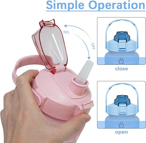 Miniatura 5 de Botella de agua de gran capacidad de 64 onzas con marcadores de tiempo motivacionales y pajilla, portátil, a prueba de fugas, sin BPA para fitness,