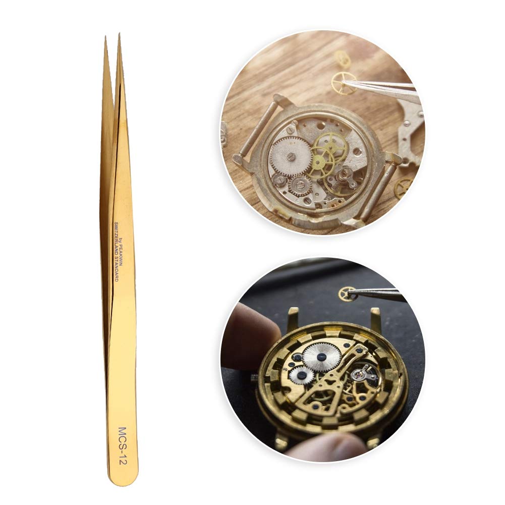 La-achu Precision Tweezers for Watch & Jewelry, Antimagnetic, High Hardness Stainless Steel, Classic Style, Gold