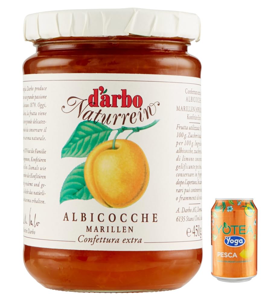 12er-Pack Darbo Marmelade Confettura Naturrein Albicocche,Aprikosenkonfitüre,450g Glas + 1er-Pack Kostenlos Yoga Eistee Pfirsich 330ml Dose