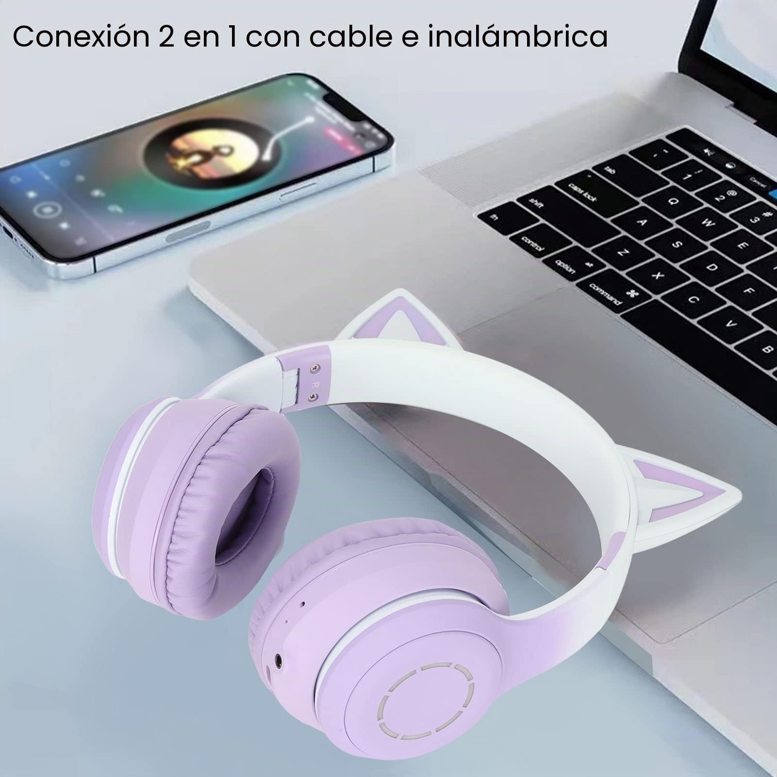 Sxhlseller Auriculares para Juegos, Auriculares con Orejas de Gato, Auriculares de Música Plegables con Luz LED para Gatos, con Luz LED para PC, Computadora Portátil, Mac, Teléfono (Púrpura)